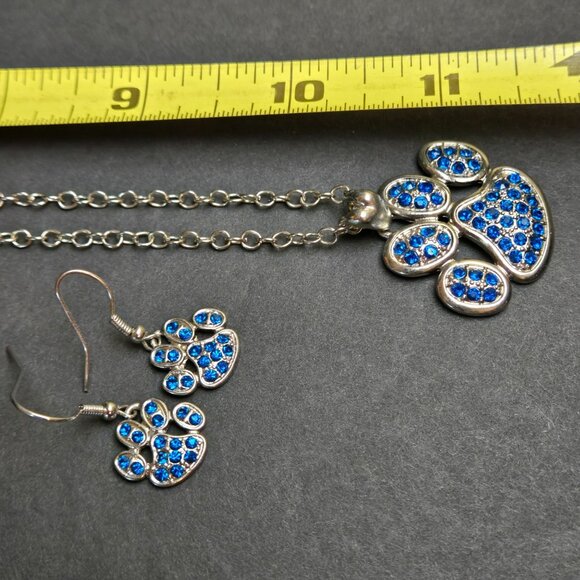 Blue Rhinestone Paw Pendant Necklace & Earrings Set Silver Tone Fashion Jewelry - Picture 5 of 6